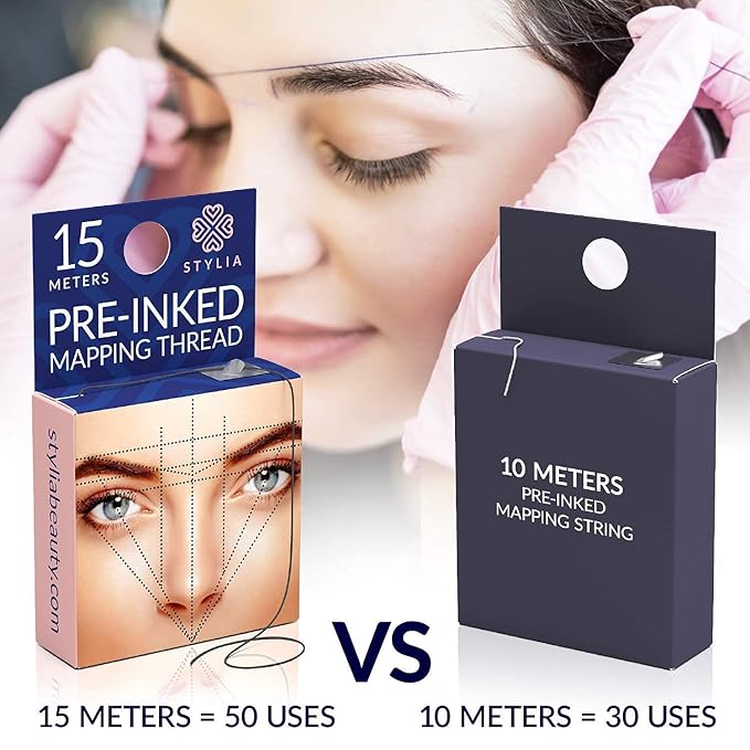 Bundle of 12 Piece Black Waterproof Eyebrow Pencils Peel Off Brow Pencil Set and 30 Meters Pre-Inked Eyebrow Mapping String, Permanent Makeup Brow Mapping Tool