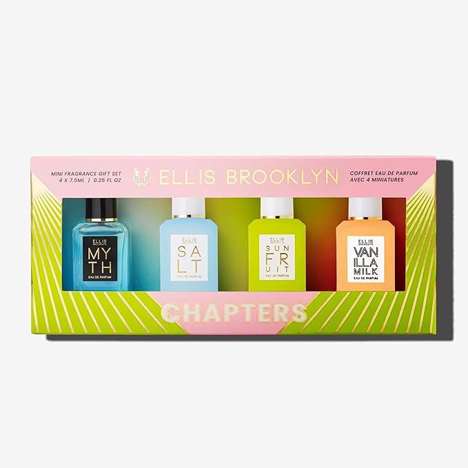 Ellis Brooklyn Chapters Mini Fragrance Gift Set – 4 x 7.5ml Eau de Parfum – Includes MYTH, SALT, SUN FRUIT & VANILLA MILK – Luxury Vegan & Cruelty-Free Perfume Gift Set