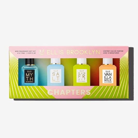 Ellis Brooklyn Chapters Mini Fragrance Gift Set – 4 x 7.5ml Eau de Parfum – Includes MYTH, SALT, SUN FRUIT & VANILLA MILK – Luxury Vegan & Cruelty-Free Perfume Gift Set