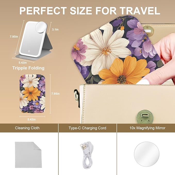 Mocado Travel Makeup Mirro with Lights, 360° Rotation Lighted Makeup Mirror, Portable Mirror with 10x Magnification, 3 Color Lightings, Dimmable Touch Screen, Tabletop Light up Mirror(Sun Daisy)