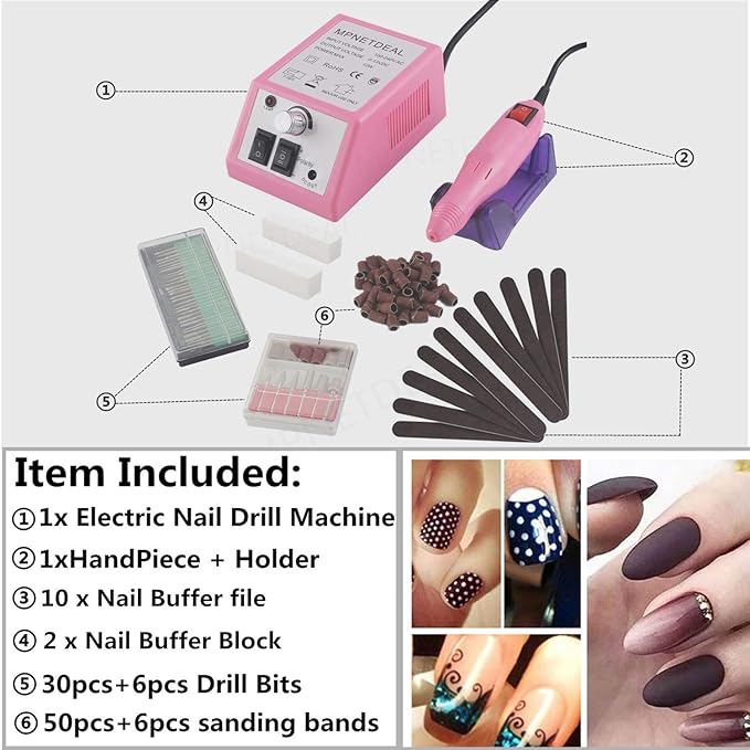 Electric Nail Drills Machine e File Dremel buffers Sanding Bands Bits for Acrylic Nails Gel Polish Glazing Art Set Polisher Grinder Filer Manicure Pedicure Kit máquina uñas acrilicas Pink