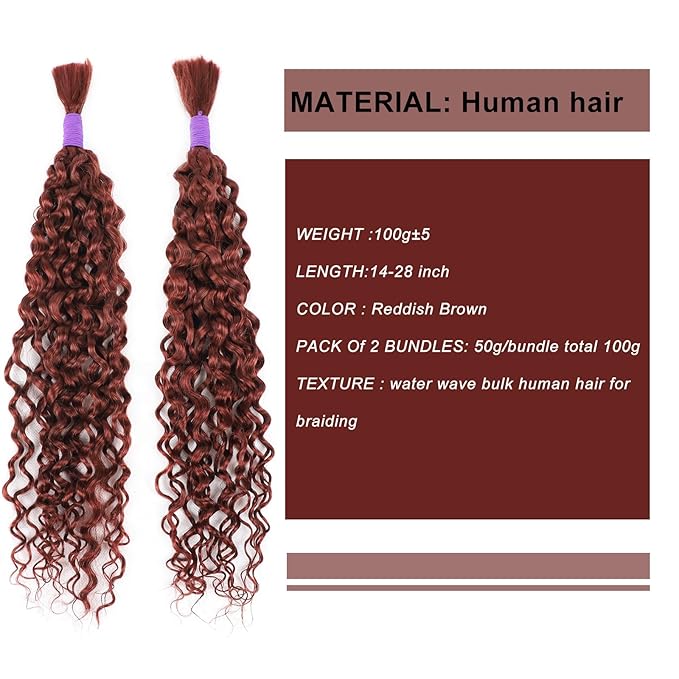 Reddish Brown Water Wave Human Braiding Hair No Weft 100g (1Pack-2Bundles) 100% Brazilian Virgin Human Bulk Hair Micro Braiding Human Hair For Boho Braids (Water Bulk (Reddish Brown), 24 Inch)