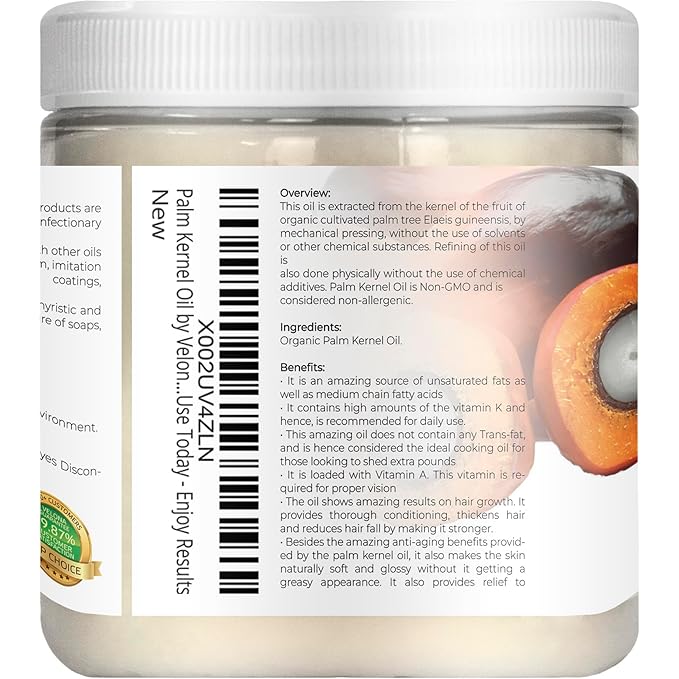 velona USDA Certified Organic Palm Kernel Oil - 8 Fl Oz | 100% Pure and Natural Carrier Oil | Refined, Cold Pressed | Face, Hair, Body & Skin Care | Use Today - Enjoy Results