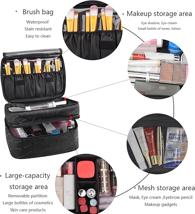 MKPCW makeup bag Double-layer cosmetic bag with brush bag and divider