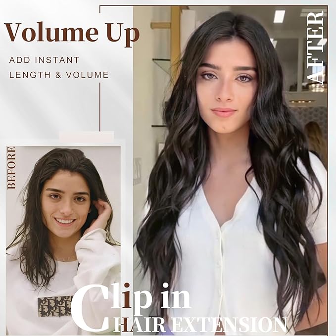 Clip in Hair Extensions for Women - 20 Inch Long Wavy Brown Extensions, 6PCS Chocolate Brown & Ash Blonde Hairpieces that Blend Naturally with Your Real Hair (20 Inch, Chocolate Brown & Ash Blonde)