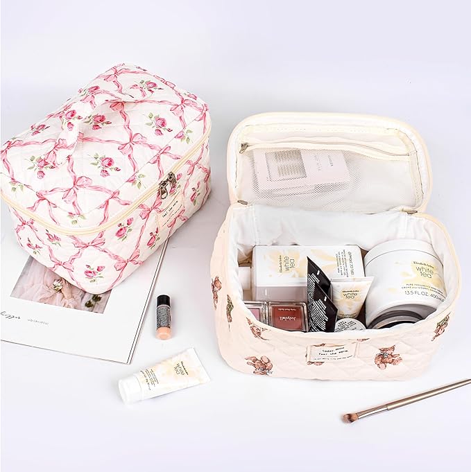 Quilted Makeup Bag Set, 3PCS Cosmetic Organizers for Women, Travel Toiletry Bags with Zipper Closure, Coquette Floral Make up Pouch