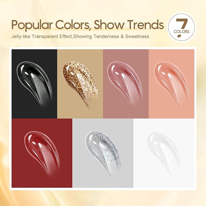 Saviland Poly Nail Gel Kit 7 Colors Glitter Red Nudes Poly Nail Extension Gel Kit Builder Nail Gel Poly Gel Nail Enhancement Manicure Kit for Professional and Starter