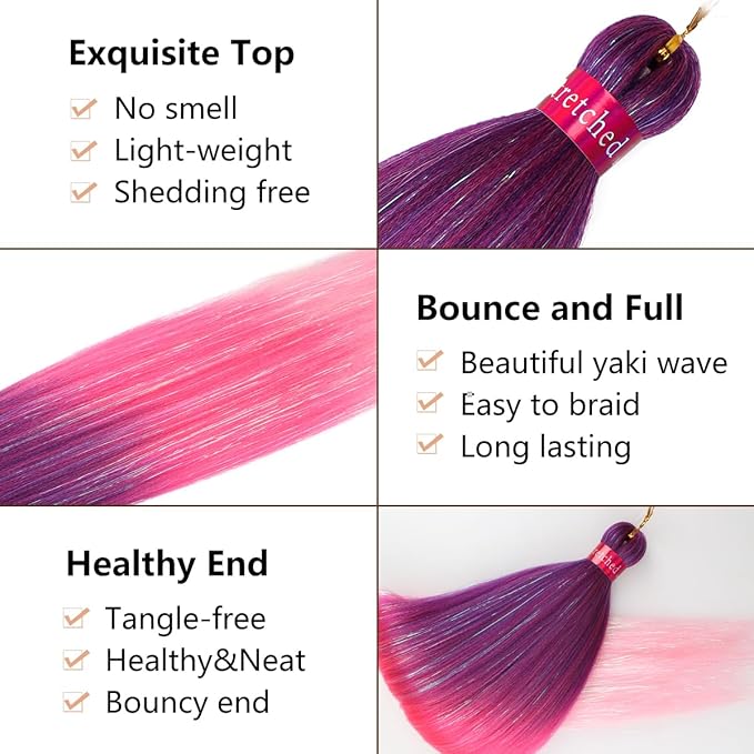 Upgraded Braiding Hair Extension Mix Tinsel, Pre Stretched Braiding Hair for Braiding Twist Braids Itch Free Hot Water Setting Yaki Straight Hair