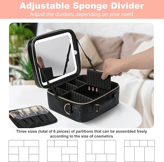 Mocado Travel Makeup Bag with LED Lighted Mirror, Travel Makeup Organizer, Makeup Case with 3 Color Lighted Setting and 10x Magnifying Mirror, Portable Storage and Adjustable Dividers (Crocodile)
