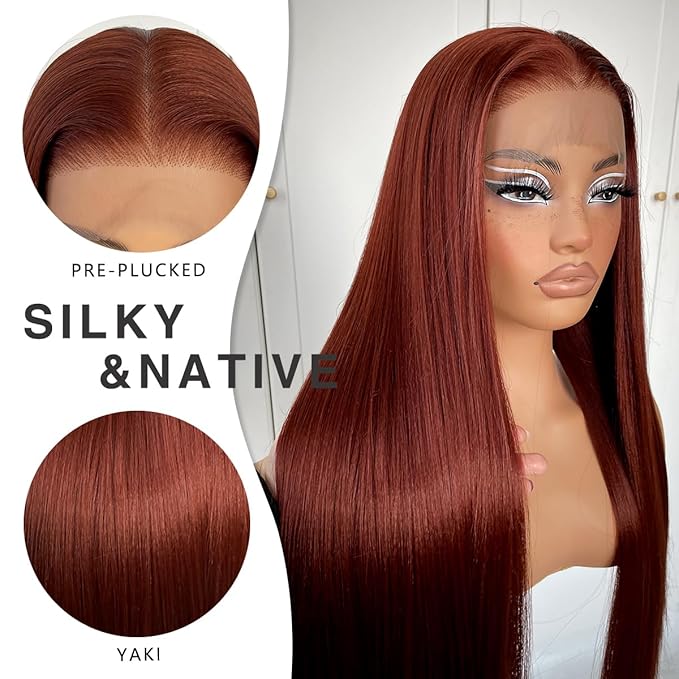 13x6 Reddish Brown Lace Front Wig Pre-Plucked Glueless Straight HD Lace Front Wig Synthetic Red Brown Long Straight Lace Front Wig 32inch