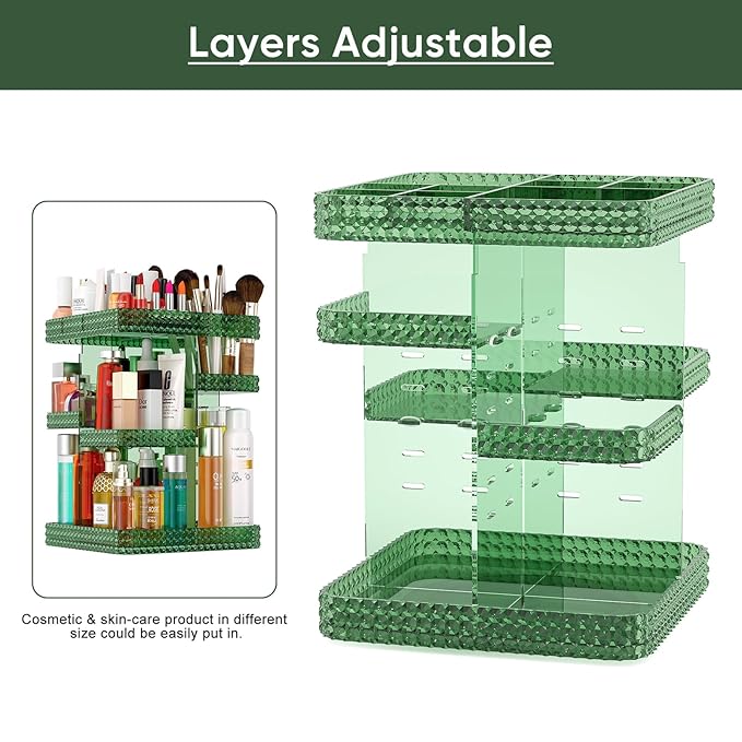 360 Rotating Makeup Organizer, Acrylic DIY Adjustable Bathroom Makeup Carousel Spinning Holder Rack, Large Capacity Cosmetics Storage Box Vanity Countertop, Skin-care Organizers (Green)