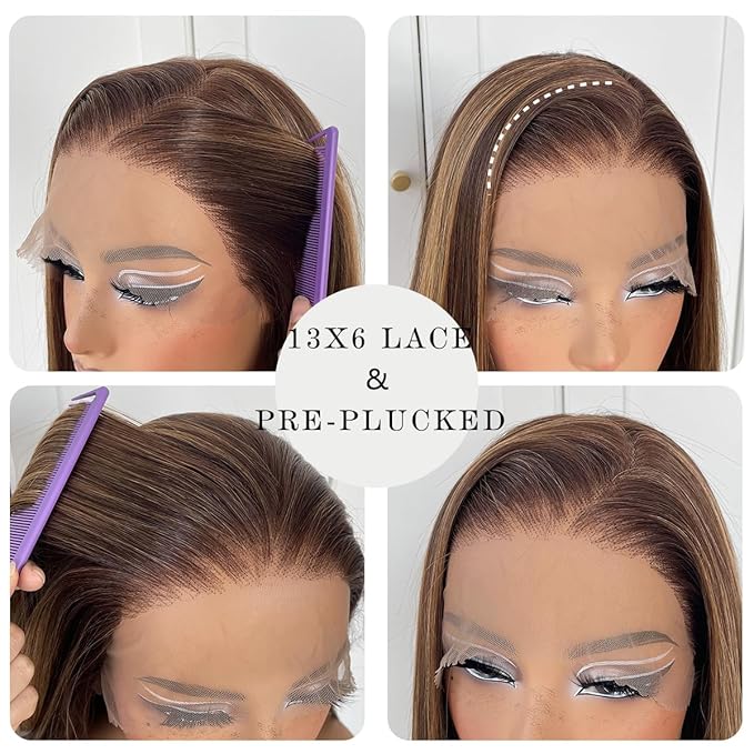 13x6 Honey Blonde Lace Front Wig Pre Plucked Glueless Highlight Straight Lace Front Wig 180 Density Color Long Straight Yaki Synthetic HD Lace Front Wig 32inch