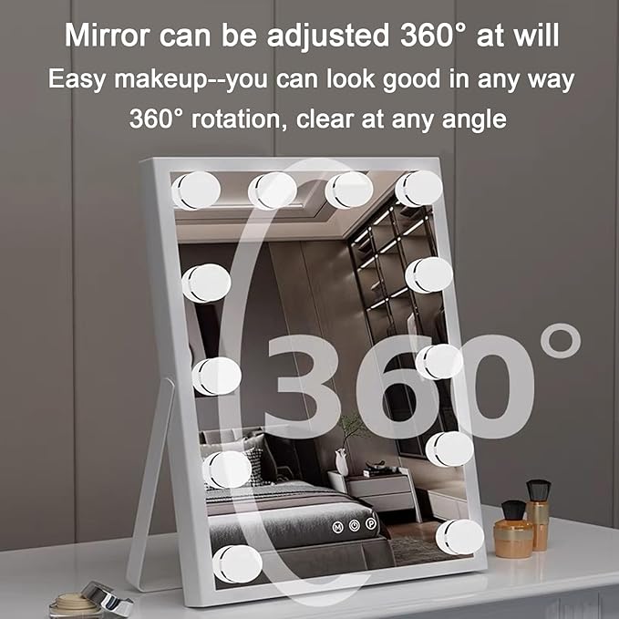 10" x 12" Vanity Mirror with Lights,Portable Travel Mirror with 12 LED Lights Bulbs,Lighted Makeup Mirror with 3 Color Lighting Modes,Mirror with Lights for Makeup Desk ＆ Dressing Room,White