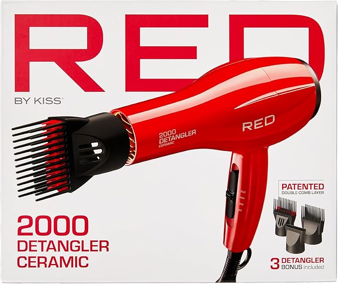 RED by KISS 2000 Ceramic Hair Dryer, Professional Salon Blow Dryer 3 Attachments Included, 2 Detangler Piks, 1 Air Concentrator (Red)