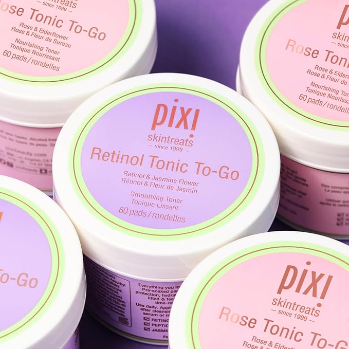 Pixi Retinol Tonic to-Go, Smoothing & Firming Toning, Enhanced with Peptides to Boost Collagen Production, Alcohol-Free Daily Rejuvenating Toner On The Go, 60 Pads