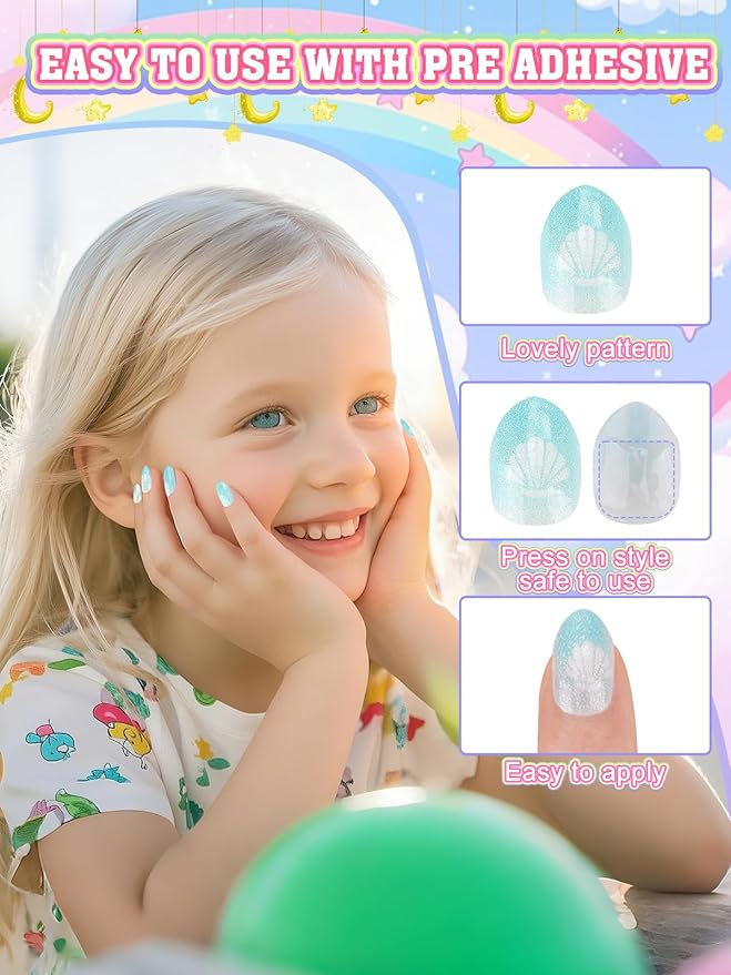 72 Pieces Press on Nails for Kids, EBANKU 3 Pack Kid Fake Nail Kit Blue Bear Cat Flower Press on Nails for girls 8-12 Years with Jelly Nail Adhesives