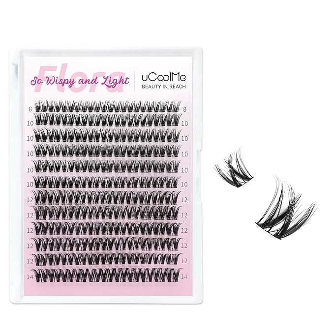 Short Lash Clusters Flora 8-14mm Individual Lashes D Curl Eyelash Clusters Spiky Wispy Eyelash Clusters 0.05mm Ultra-Thin Black Cotton Band(Short Flora Only Lashes)