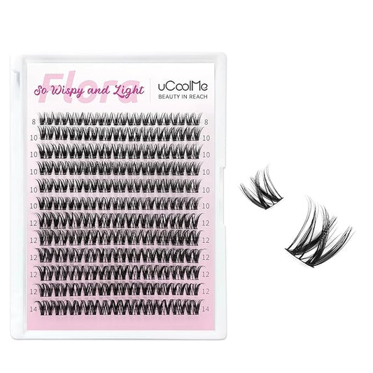 Short Lash Clusters Flora 8-14mm Individual Lashes D Curl Eyelash Clusters Spiky Wispy Eyelash Clusters 0.05mm Ultra-Thin Black Cotton Band(Short Flora Only Lashes)
