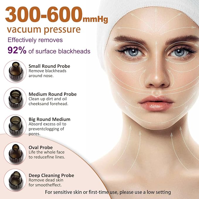 2 in 1 Blackhead Remover Pore Vacuum, Blackhead Vacuum Extractor with Heating Mode, Facial Pore Cleaner Electric, Whitehead Remover Tool-9 Suction Power, 5 Probes Blackhead Vacuum Kit for Women & Men