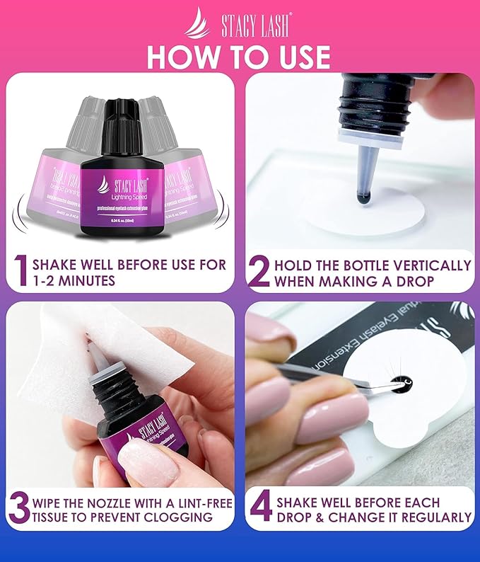 Lightning Speed Eyelash Extension Glue – Stacy Lash 10ml/0.34 fl.oz / 0.3 Sec Dry/Retention – 6-8 Weeks/Black Adhesive/Professional Supplies