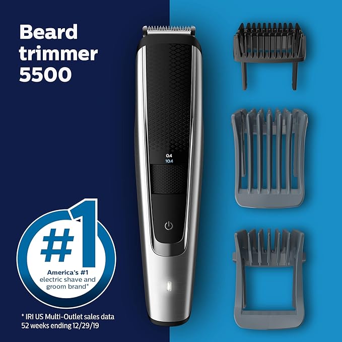 Norelco Philips Beard Trimmer and Hair Clipper Series 5500, Electric, Cordless, one Pass Beard Trimmer and Hair Clipper with Washable Feature for Easy Clean - No Blade Oil Needed - BT5511/49