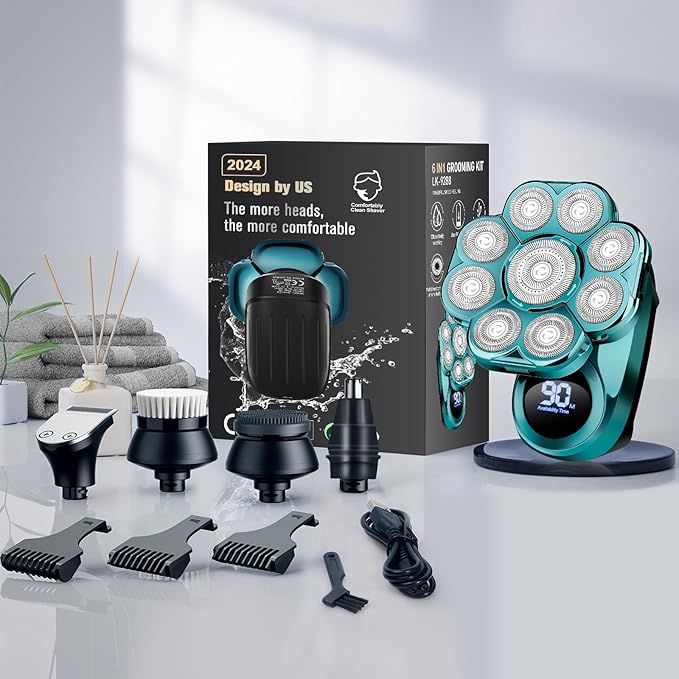 9D Electric Head Shaver for Bald Men, Upgraded 5-in-1 Waterproof Wet/Dry Grooming Kit Electric Shaver for Men, Cordless Rechargeable Bald Head Razor for Home&Travel