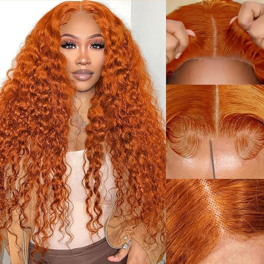 Azkiu Bye Bye KnotsGlueless Ginger Orange Wigs Human Hair Pre Plucked Pre Cut 13x4 HD Lace Closure Wigs Human Hair Deep Wave Lace Front Wigs Human Hair16inch