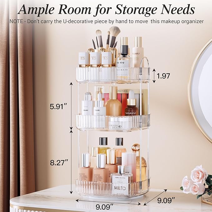 Delamu Rotating Bathroom Countertop Organizer, Large Capacity 3-Tier Multi-Function Storage for Cosmetics, Skincare, and Perfume, Makeup Organizer Countertop Ideal for Dresser, Bathroom,Vanity, Clear