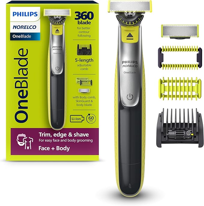 Philips Norelco OneBlade 360 Hybrid Face + Body, Electric Beard Trimmer, Shaver and Body Groomer, with 360 Blade Technology, 1x 360 Blade for Face, 5in1 Adjustable Comb, 1x Body Kit, Model QP2834/70