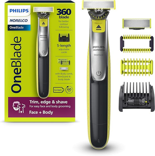 Philips Norelco OneBlade 360 Hybrid Face + Body, Electric Beard Trimmer, Shaver and Body Groomer, with 360 Blade Technology, 1x 360 Blade for Face, 5in1 Adjustable Comb, 1x Body Kit, Model QP2834/70
