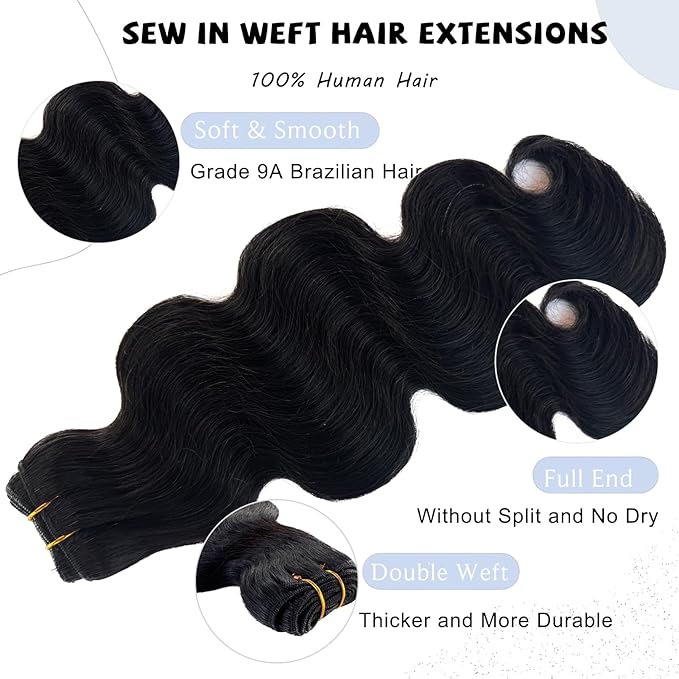 Sew in Bundles Hunan Hair Weft Extensions 24 Inch Body Wave Natural Black Hair Extensions Real Remy Hair Wefts Sew in 100G Hand Tied Weft Hair Extension Human Hair Bundles Weave Extensions for Women