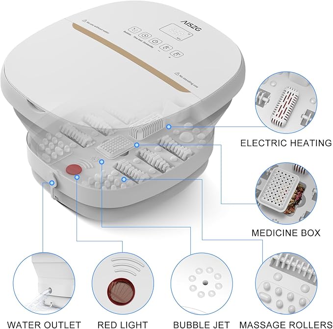AISZG Collapsible Foot Spa Bath Massager with 6 Massage Rollers,Pedicure Foot Spa with Fast Heat and Massage,Foot Soaking Tub,Birthday Gifts for Women/Men/Mom/Her/Him, White
