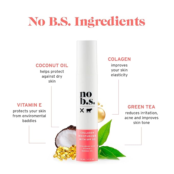 No B S Face Moisturizer With SPF 20. Daily Face Moisturizers For Women. Anti-Aging Face Sunscreen Cream. Collagen Cream. Moringa Oil. Vitamin E. Clean Ingredients. Potent Formulas.