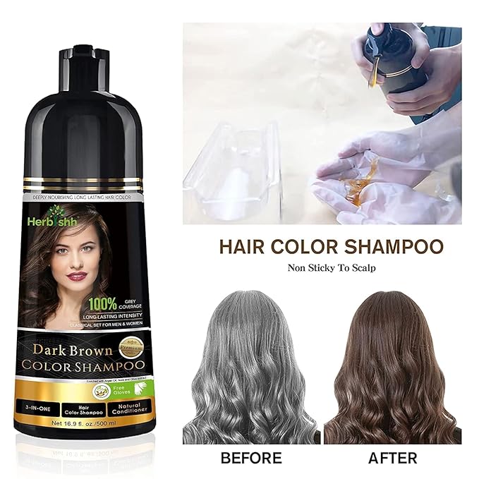 Combo Pack - Herbishh Dark Brown Hair Dye Shampoo + Argan Intense Hair Mask - Stimulates Dry, Frizzy Hair - Long-lasting Color in Minutes - 500ml