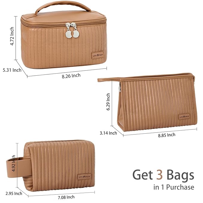 MIRASON Makeup Bag Set of 3 Cute Cosmetic Travel Toiletry Organizer Bag Pouch Set for Women PU Leather Waterproof Toiletry Bag 3 Piece, Brown