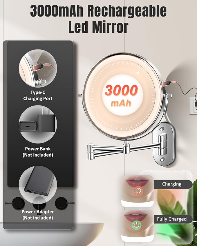 30X/1X Wall Mounted Lighted Makeup Mirror, 8'' Double Sided Rechargeable Magnifying Bathroom Mirror with Light, 3 Color Lights Touch Dimmable Extended Arm 360 Rotation Light up Mirrors