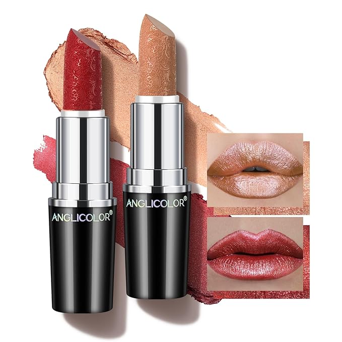 Angicolour 2pcs Glitter Lipstick - Nude & Red, Creamy Moisturizing Formula, Metallic Finish, Vegan & Cruelty-Free, Full-Coverage Lip Color