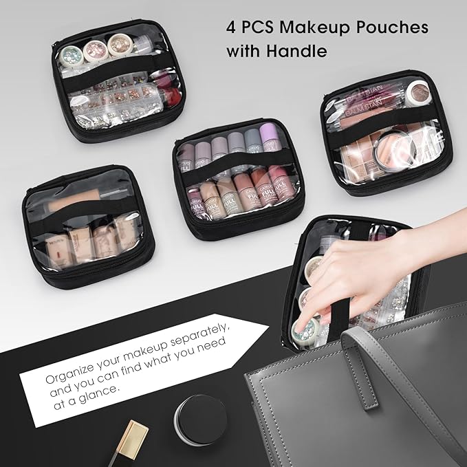 18.1" Extra Large Makeup Bag, Travel Makeup Organizer Big Makeup Cases Make up Cosmetic Train Case Professional Organizer Box Cosmetology Bag for Artist,Nail,Tattoo with 4 Clear Pouch Bags