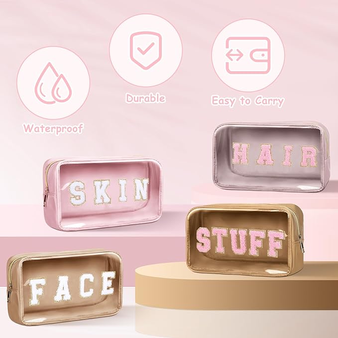 Pinkunn 4 Pcs Preppy Makeup Bags Christmas Chenille Letter Bag Face Skin Hair Stuff Cosmetic Bag Corduroy Makeup Pouch with Zipper Birthday Gifts for Women(Pink)