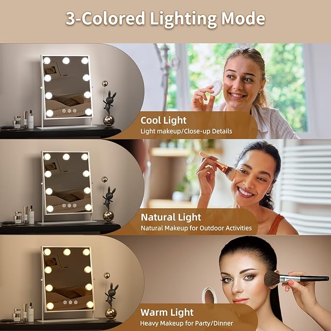 COSMIRROR Hollywood Makeup Mirror with Lights, Lighted Vanity Mirror with 9 Dimmable Bulbs and 3 Color Lighting Modes, Smart Touch Control, Plug in Light Up Mirror (White)