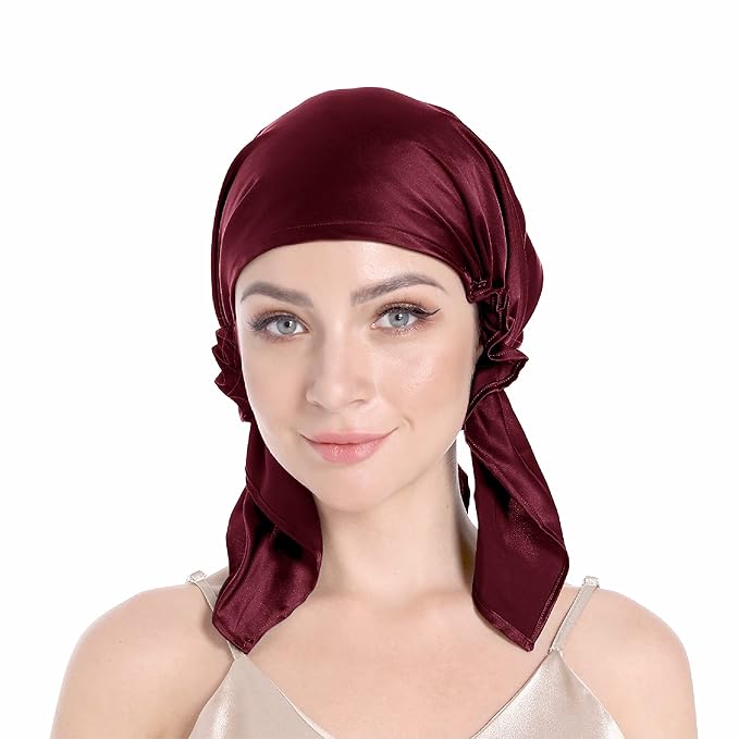 100% Silk Bonnet for Sleeping With Tie Band, Large Sleep Cap for Curly Hair, Wrap for Hair Care (Dark Red)