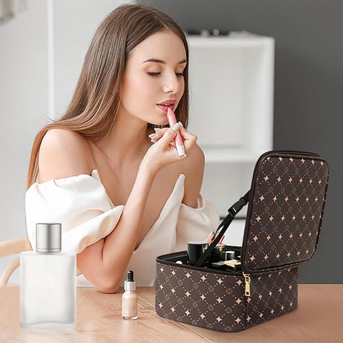 Travel Makeup Bag With 360° rotating LED Mirror,Waterproof cosmetic organizer,Portability Cosmetic case,Makeup organizer,Gift for Women,Girls Gift (Coffee + Pink)