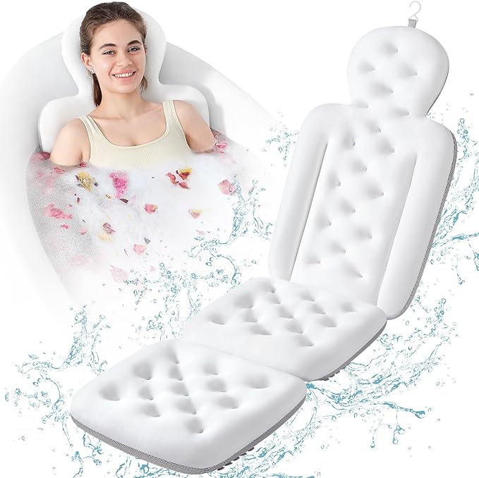 Luxury Bath Cushion, Full Body Bathtub Pillow with 160 Suction Cups, Bath Mat for Head and Neck Support, with Laundry Bag (White, 56.2" x 16.2")