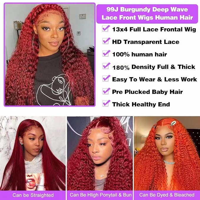 28 Inch 99j Burgundy Deep Wave Lace Front Wigs Human Hair 180% Density 13x4 Lace Front Wigs Human Hair Pre Plucked Wine Red Curly Wet Wavy Wig Human Hair Glueless HD Full Lace Frontal Wigs For Women