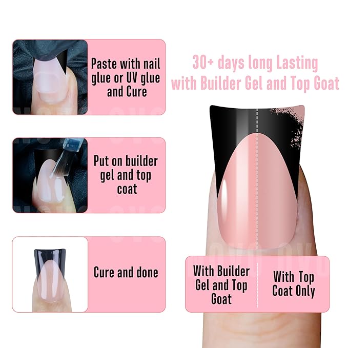 Black French Tip Short Duck Nail Tips Press on, BABY PINK Pre-designed Soft Gel Nail Extension, Extra thick Full Cover Matte Vrial False Nails for DIY x 12 Sizes 240 pcs