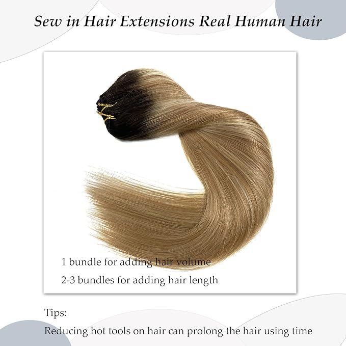 Sew in Hair Extensions Real Human Hair, 24 Inch 120G Weft Hair Extensions Human Hair, Ombre Brown Balayage Blonde Hand-Tied Weft Hair Extensions Weave Bundles Human Hair Extensions for Women
