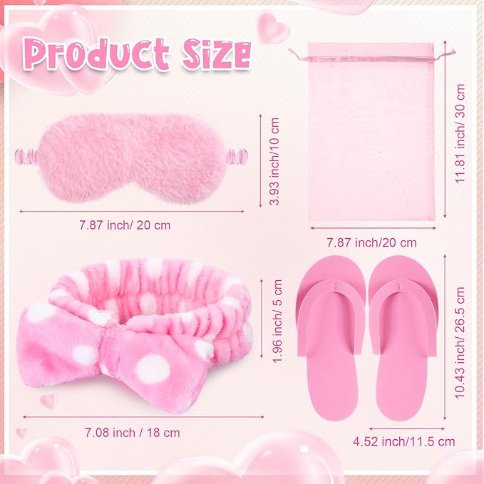 42 Pcs Spa Sleepover Party Supplies Bulk for Women Include 6 Pink Spa Hairbands 6 Plush Eye Masks 12 Wristbands 6 Bath Loofahs 6 Pairs Disposable Slippers 6 Organizer Bags for Women Slumber Party Gift