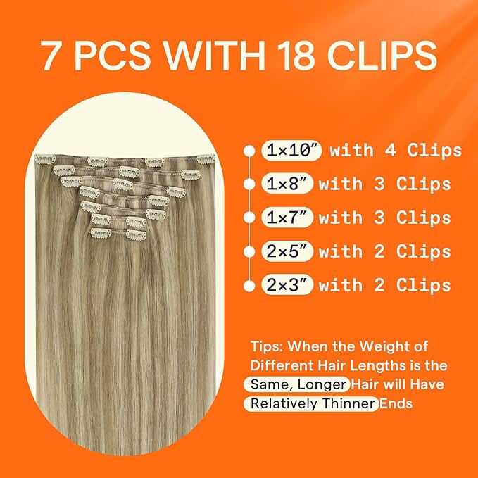 Full Shine 24 Inch Clip in Hair Extensions Real Human Hair Highlight Human Hair Clip ins Dirty Blonde Mix Light Blonde Double Weft Clip in Real Hair Extensions 7 Pcs 120 G