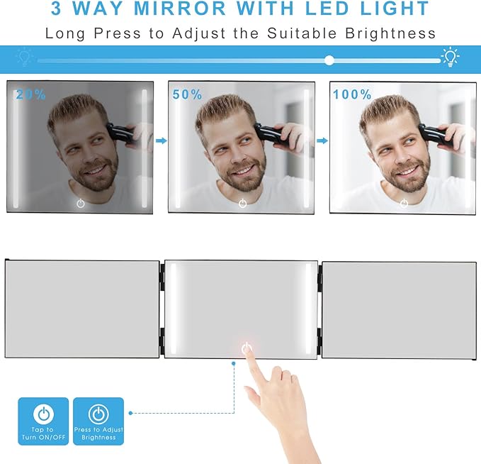 3 Way Mirror for Self Hair Cutting with Rechargeable LED Lights, Barber Mirror Self Cut to See Back of Head, Height Adjustable, Black