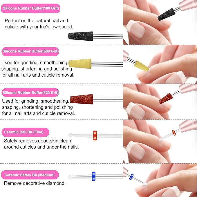 30Pcs Nail Drill Bits Set with Rhinestone Storage Box, 3/32 Inch Ceramic Diamond Carbide Nail Drill Bits for Acrylic Gel Polish, Cuticle Efile Remover for Manicure (Pink)